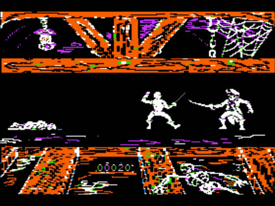 <사진참조 유튜브 캡쳐, 사이드뷰 대전의 본격적인 형태를 보여준 고전 게임 ‘스워시버클러(Swashbuckler)’, 제작사 ‘데이터모스트(Datamost)’ 1982년 작>