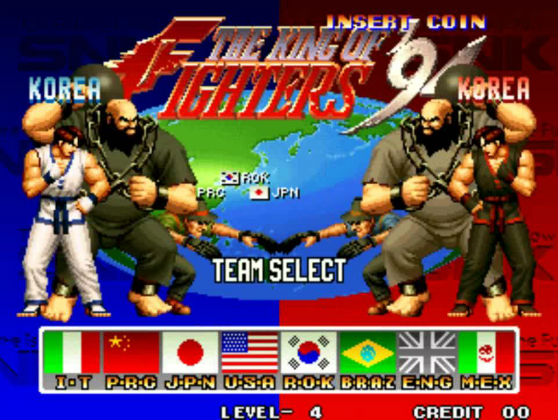 <사진참조 유튜브 캡처, 대전격투 게임의 새로운 모델을 보여준 ’더 킹 오브 파이터즈 94(The King of The Fighters-KOF 94)', 제작사 ‘SNK’ 1994년 작>