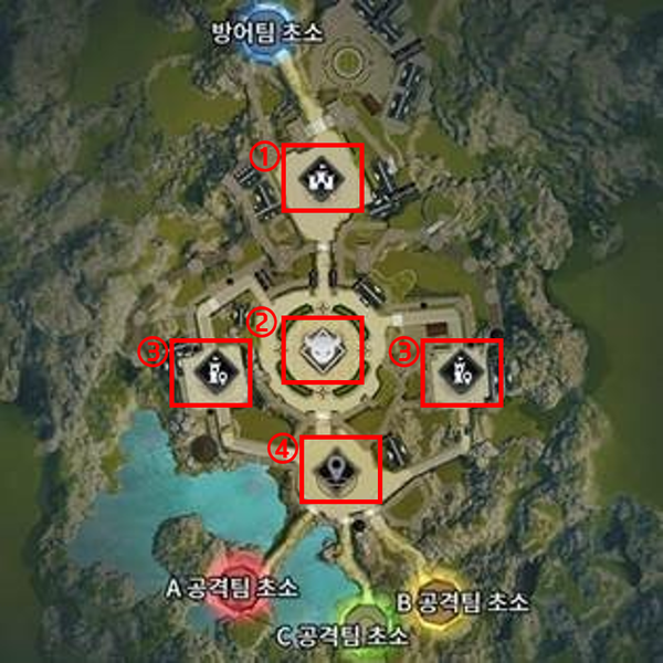 영지 쟁탈전 맵. 1번부터 중앙 점령지, 수호 몬스터, 순간이동 점령지, 순간이동 지역(출처=V4 공식 카페)