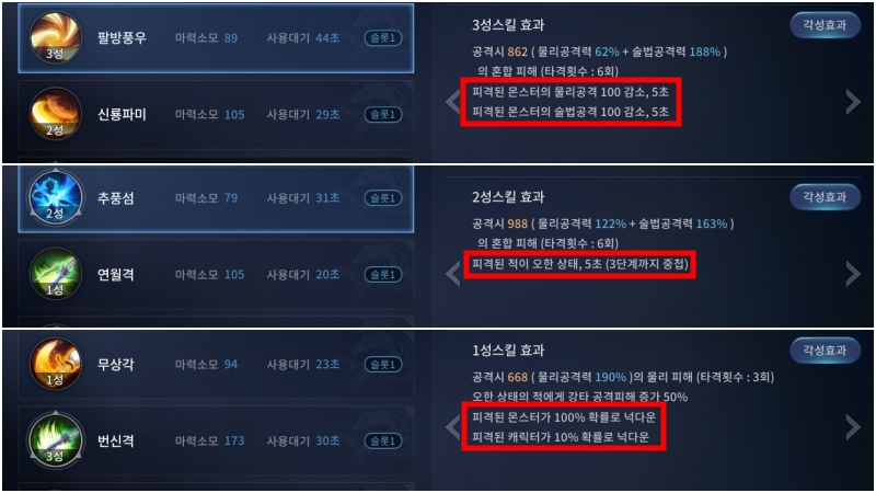 사용하는 스킬에 따라 적을 눕히고, 공격력을 약하게 만드는 디버프를 걸 수 있다