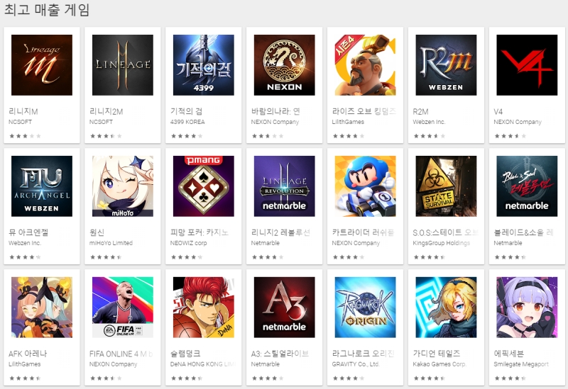 출처=9일 구글플레이 매출순위 캡처