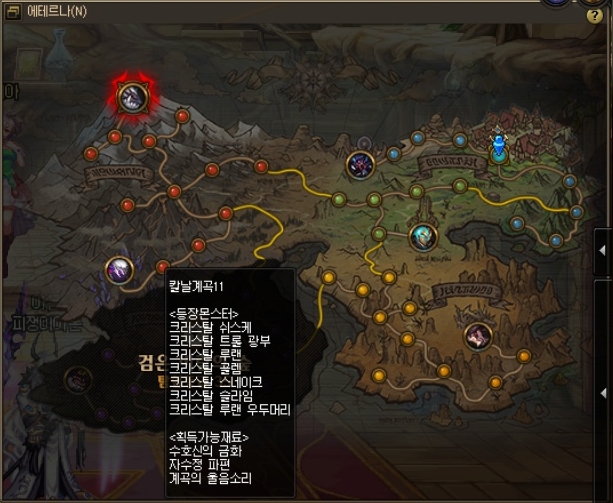 재료 드랍 지역과 같은 정보는 미니맵을 참고하자