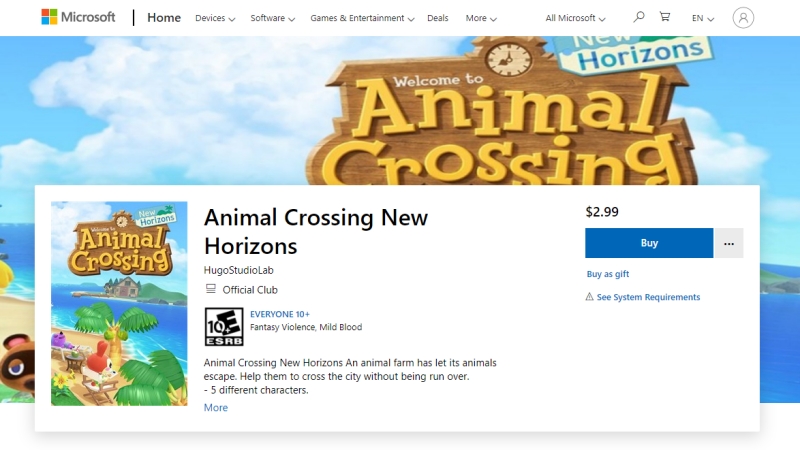 마이크로소프트 윈도우 스토어에는 닌텐도 스위치 독점게임 '동물의 숲' 이미지를 도용한 짝퉁게임이 등록돼 논란이 됐다. 해당 게임은 6일 현재도 계속 판매되고 있다