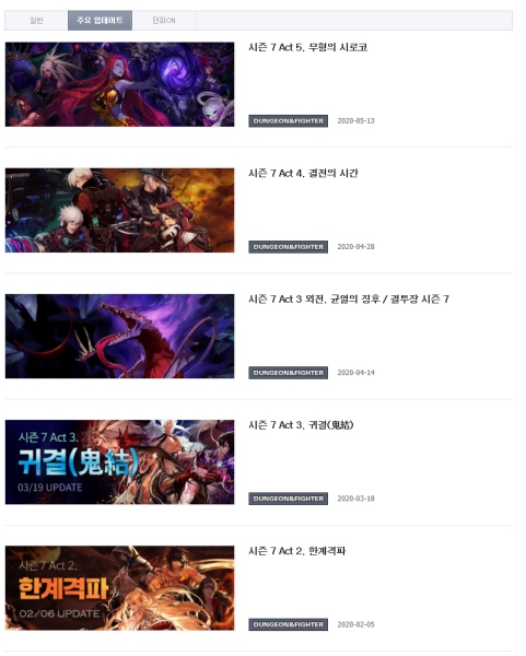 2020년 1월부터 시작된 캐릭터 클래스 진각성(3차 각성) 업데이트(출처='던전앤파이터' 홈페이지)