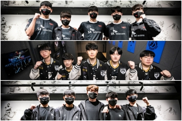 위쪽부터 T1, 젠지 이스포츠, KT 롤스터