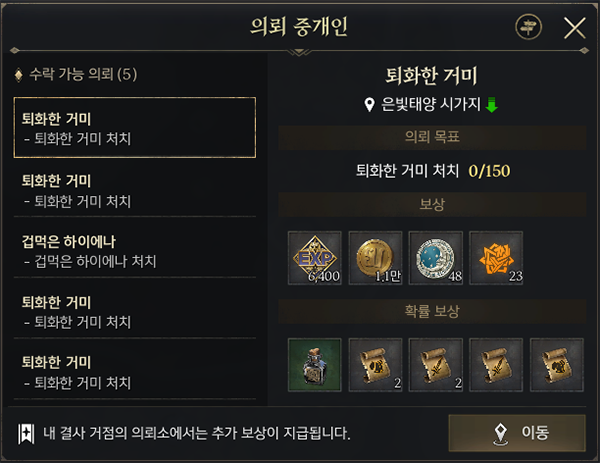 의뢰는 하루 최대 10개라 최대한 많은 경험치를 주는 의뢰를 수행하자