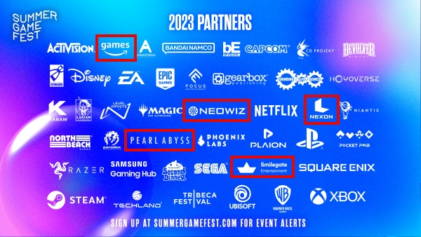 서머 게임 패스트 참가업체 목록. 넥슨, 스마일게이트엔터테인먼트, 펄어비스, 네오위즈 등 다수의 한국 업체가 눈에 띈다(출처-서머 게임 페스트 트위터)