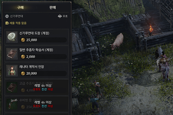 캐릭터 레벨과 우호도에 따라 구매할 수 있는 아이템 목록이 개방된다