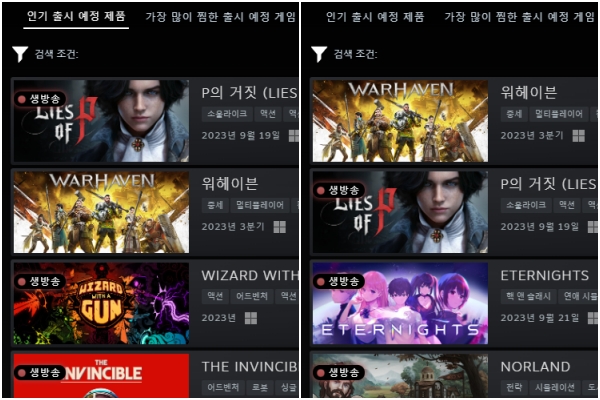 넥스트 페스트 인기 출시 예정 제품(왼쪽)과 일일 활성 체험판 플레이어 수 순위(출처-스팀)