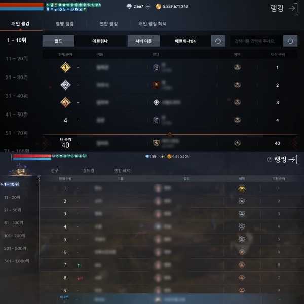 위의 화면이 '리니지2M', 아래 화면이 '아키에이지 워'다.