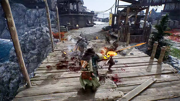 기타를 휘둘러 횡공격을 하는 바드