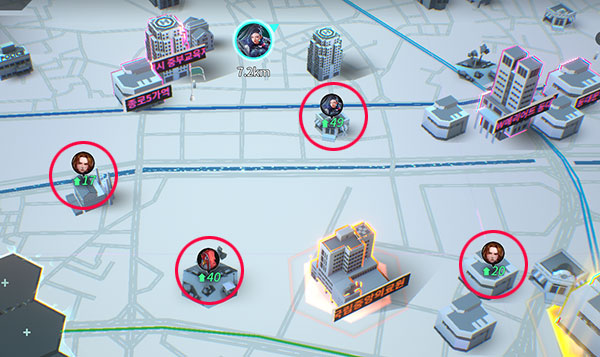 빌딩 위에 표기된 캐릭터나 부하의 아이콘으로 코어의 유무 및 적용 대상을 알 수 있다