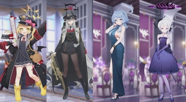 <사진> 왼쪽부터 탄가 이부키, 하누마 마코토, 아마우 아코(드레스), 소라사키 히나(드레스)(출처-'블루 아카이브' 일본 유튜브)