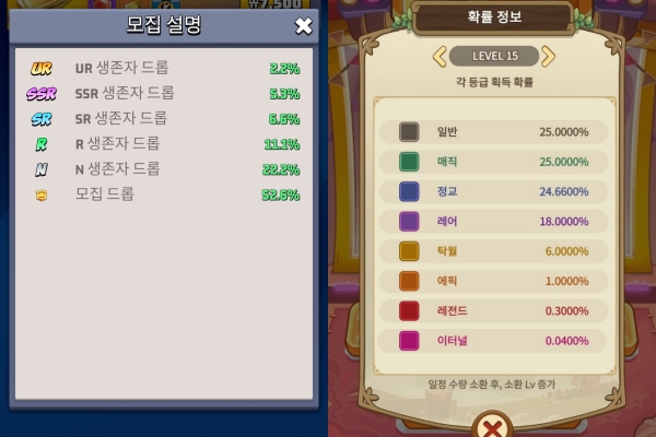 왼쪽이 ‘라스트워 서바이벌’, 오른쪽이 ‘버섯커 키우기’의 확률 공개 페이지 모습이다.