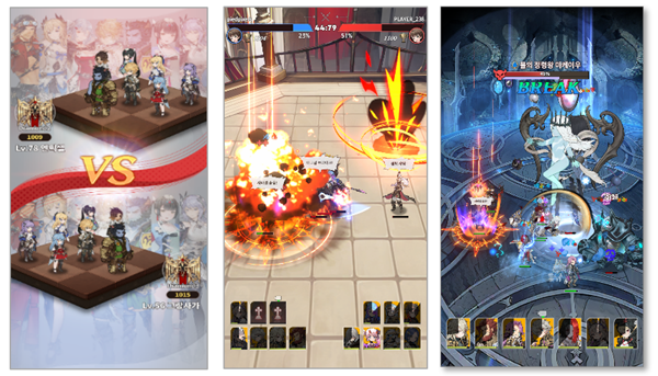 순차 투입으로 전략의 재미를 더한 ‘결투장’ (좌1,2), 짜릿한 전투 연출로 공략감을 살린 ‘주간 챌린지’ (우)
