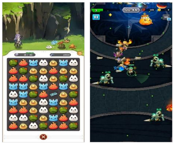 다양한 모드의 미니 게임 : 3매치(좌), 뱀서류(우)