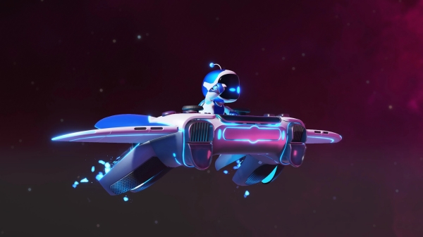 손에 쥐는 PS5용 컨트롤러 '듀얼센스'는 게임 내에서 소형 우주선 '듀얼 스피더'로서 아스트로를 지원한다