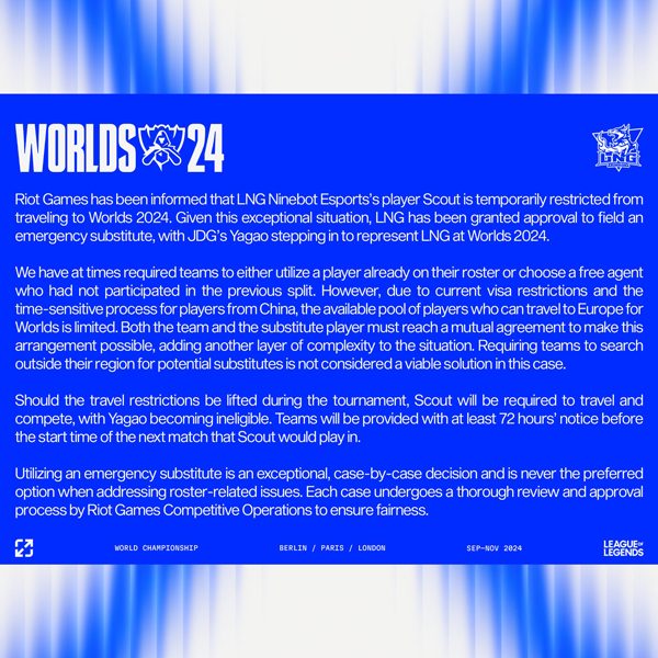 <사진> LNG의 긴급 임대를 허가한다는 라이엇의 공지 (출처-lol esports X)