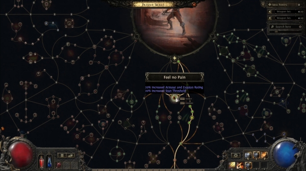 패시브 스킬 트리의 일부. 골드를 지불하면 리셋도 가능하니, 시행착오를 겪으면서 빌드를 완성해 나가자.