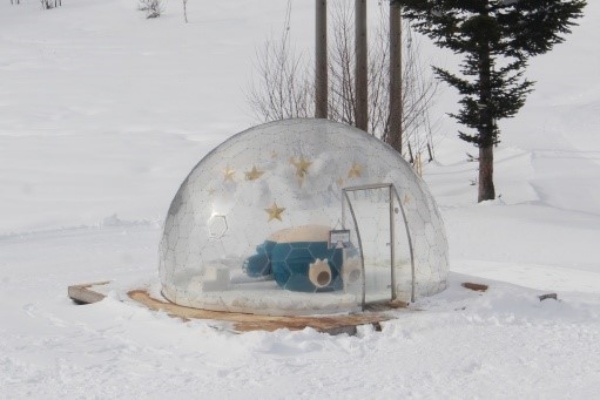 스노우 돔을 연상시키는 돔 텐트 안에서 자고 있는 잠만보