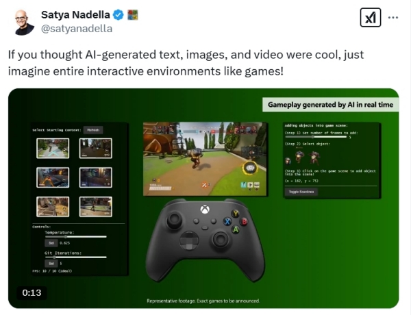 사티아 나델라는 뮤즈를 하나의 성과로 보고 자신의 X에서 소개했다. 앞으로는 AI가 생성하는 게임을 실시간으로 플레이할 수 있게 될까?