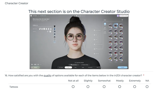 <사진> 심즈 랩스의 인조이 연구 설문조사 항목 (출처-레딧, 심즈커뮤니티인포)