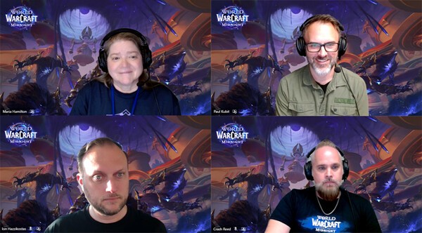 왼쪽 위부터 시계 방향으로, 마리아 해밀튼 디자인 디렉터, 폴 쿠빗 어소시에이트 게임 디렉터, 크래쉬 리드 리드 UX 디자이너, 이언 해지코스타스 시니어 게임 디렉터